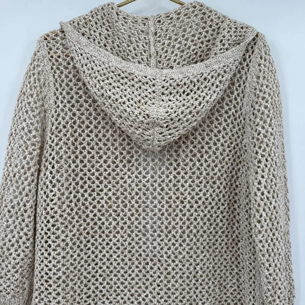J Jill Open Crochet Knit Hooded Fringe Beige Cardigan Boho Hippie L - Picture 6 of 10